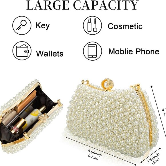Beaded Evening Clutch Bag Women's Pearl Dressy Shoulder Crossbody Gift - Picture 4 of 7